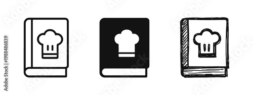 Cookbook with Chef Hat Icon Set in Outline Solid and Hand Drawn Styles