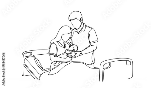 Continuous one line drawing of young parents with newborn baby in hospital minimalist family line art vector illustration