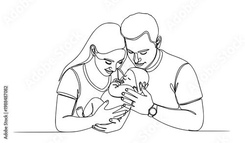 Abstract continuous line art of parents holding newborn baby intimate family moment minimalist vector illustration