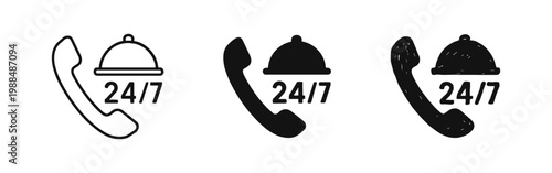 24/7 Food Delivery Phone Hotline Icon Set in Outline Solid and Hand Drawn Styles