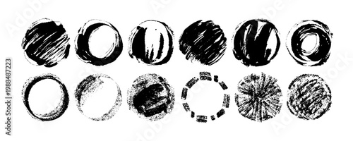 Hand drawn brush and pencil round vector set. Crayon stroke black round shapes. Various style doodled, scribbled and painted monochrome circles. Artistic graphic resources.