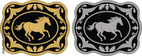 Horse Belt Buckle Western Label Vector Illustration, Gold and Silver Cowboy Style Tag with Equestrian Silhouette, Rodeo Ranch Design, Rustic Country Artwork, and Vintage Western Graphics