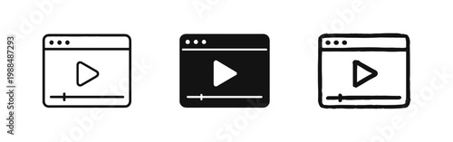 Online Video Player Interface Icon Set in Outline Solid and Hand Drawn Styles
