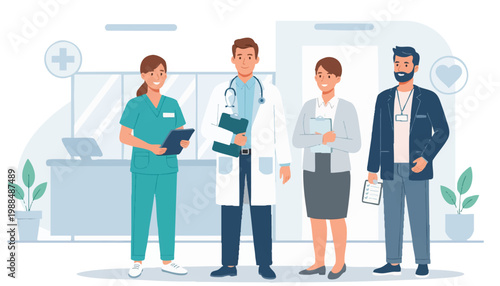 flat vector illustration of a medical team doctor, nurse, hospital staff