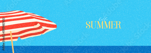 Summer Vacation Abstract Minimal Banner. Colorful flat vector background with beach umbrella on background of blue sky and sea. Summer design for vacation and travel baner.
