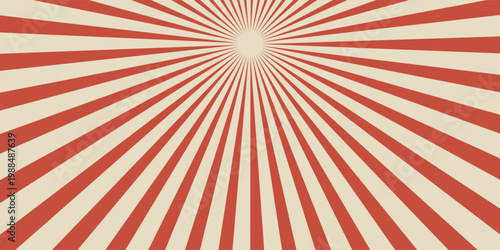 Circus vintage tent background. Retro sun rays pattern. Vintage starburst poster. Star burst radial lines texture. Red stripes. Circus, carnival, summer fair backdrop. Vector illustration.