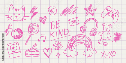 Be Kind – cute doodle elements. Hand drawn sketch icons in playful notebook style. Kawaii symbols, toys, sweets and love for stickers, kids design, posters, apparel, journals and social media.