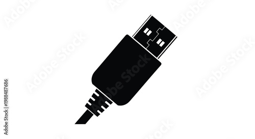 A black and white illustration depicts a standard usb plug connector on a white background