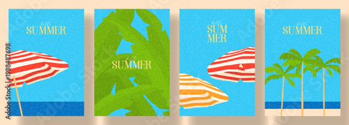 Abstract Minimal Summer Poster Set. Colorful flat vector cards with beach umbrellas, palm trees and banana leaves on background of blue sky and sea. Summer design for vacation and travel posters.