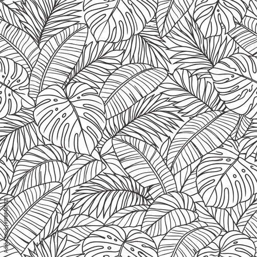 Minimal Tropical Leaves Seamless Pattern Monstera Palm Botanical Line Art Background for Textile, Wallpaper, Fabric Design