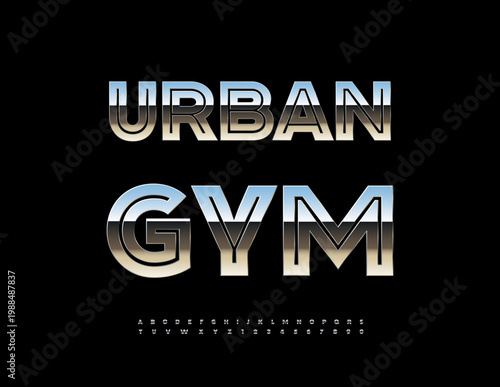 Vector Sports sign Urban Gym. Elite Silver Font. Exclusive Reflective Metallic Alphabet Letters and Numbers set. 