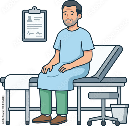 Vector illustration of a male patient sitting on a medical examination table in a clinic, representing healthcare checkup and medical consultation.