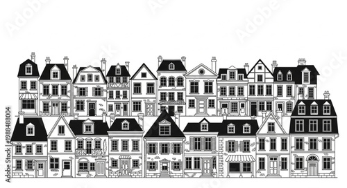 Row of European Townhouses in Black and White Sketch Style.