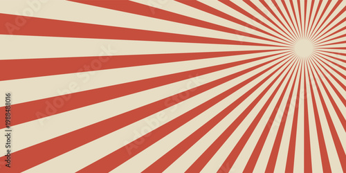 Circus vintage tent background. Retro sun rays pattern. Vintage starburst poster. Star burst radial lines texture. Red stripes. Circus, carnival, summer fair backdrop. Vector illustration.