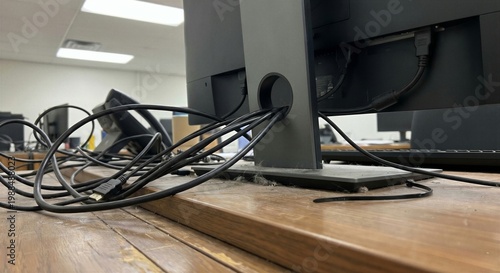 Messy and tangled black display cables routed through the back of a computer monitor stand onto a dusty wooden office desk