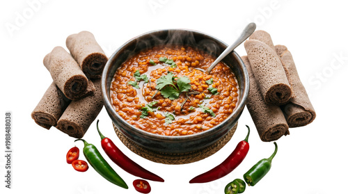 Hot and hearty lentil stew served with injera rolls and vibrant chili peppers on a clean white background
