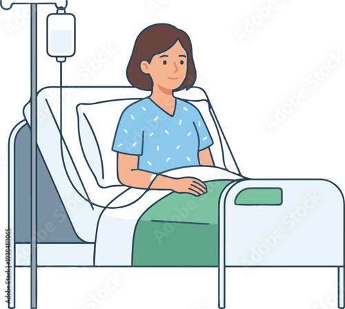 Vector illustration of a female patient resting in a hospital bed with an IV drip, representing medical care, treatment, and recovery.