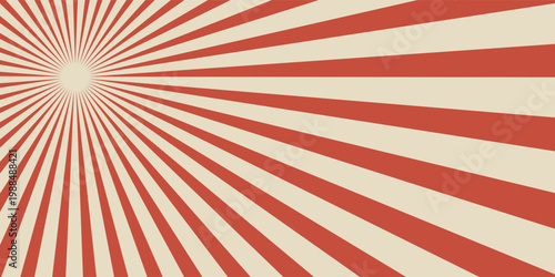 Circus vintage tent background. Retro sun rays pattern. Vintage starburst poster. Star burst radial lines texture. Red stripes. Circus, carnival, summer fair backdrop. Vector illustration.