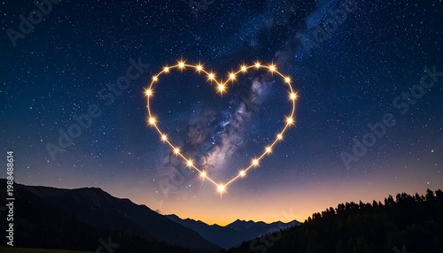 Heart made of stars glowing in the night sky over mountains