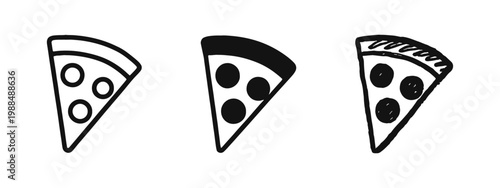 Pizza Slice Icon Set, Italian Fast Food Snack Symbol in Outline, Silhouette and Hand Drawn Style