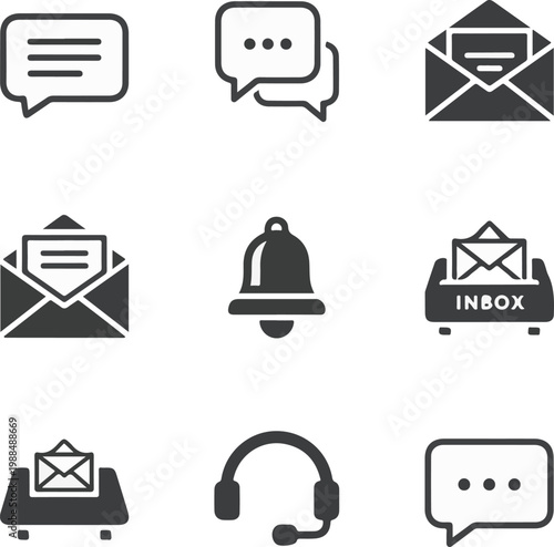 Communication and Customer Support Icon Set with Email, Chat, and Notification Symbols