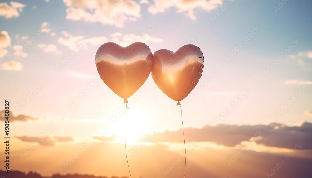 Fototapeta premium Two Heart Shaped Balloons Floating in a Sunset Sky