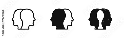 Human Head Profiles Icon Set, Connection and Psychology Symbol in Outline, Silhouette and Hand Drawn Style