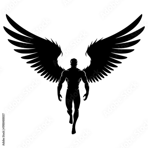 A muscular man with large wings spread wide runs forward in a powerful stance symbolizing strength and freedom in a dynamic vector graphic illustration design