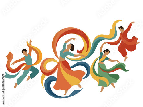 Colorful Dancers with Ribbons Performing Expressive Dance in Flowing Costumes