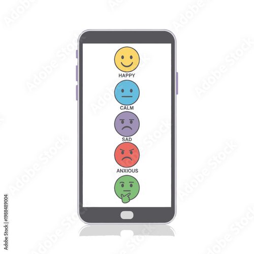 Smartphone displaying a range of emotional faces from happy to anxious, representing mental health and mood tracking applications.