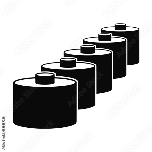 Row of five black cylindrical batteries with black tops arranged diagonally battery pack