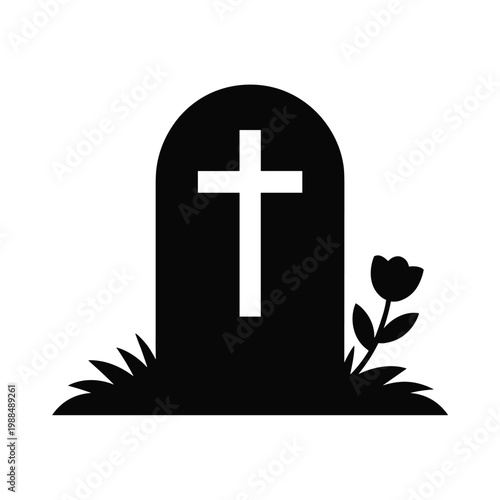 Silhouette of a gravestone with a cross and a flower tombstone headstone cemetery
