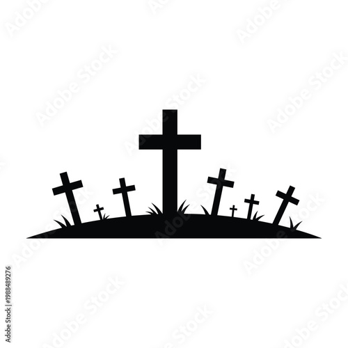 Silhouette of a graveyard with multiple crosses on a hill resting place eternal rest