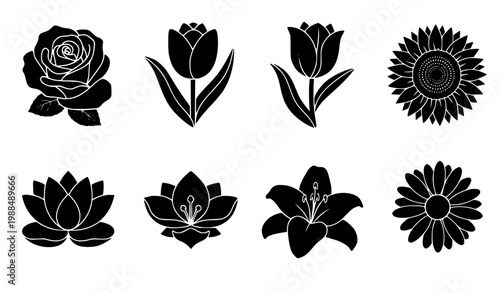 Floral Silhouette Icon Set Rose Tulip Sunflower Lotus Lily Daisy Black Vector Collection