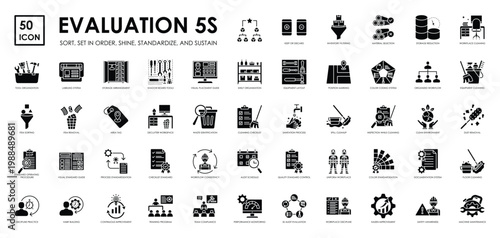 Complete 5S evaluation icon set covering sort, set in order, shine, standardize, and sustain