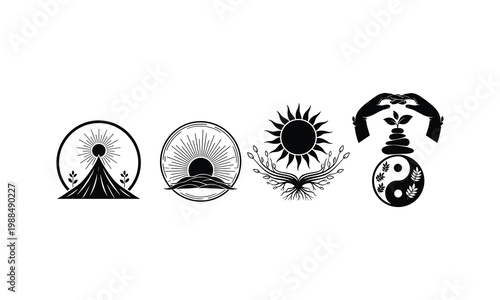 Nature silhouette emblem featuring mountain sun and zen vector illustration for wellness art.