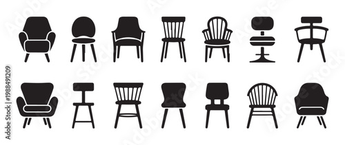 Assortment of chair icons and silhouettes for furniture, interior design and web graphics.
