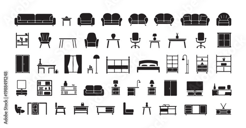 Furniture icon set for interior design and home planning with black solid vector silhouette symbols on white backdrop.