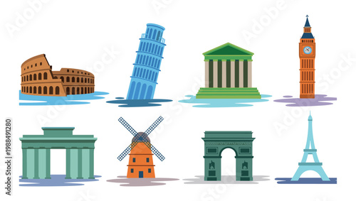 Set of flat featuring famous landmarks including the colosseum leaning tower of pisa parthenon big ben brandenburg gate dutch windmill arc de triomphe and eiffel tower