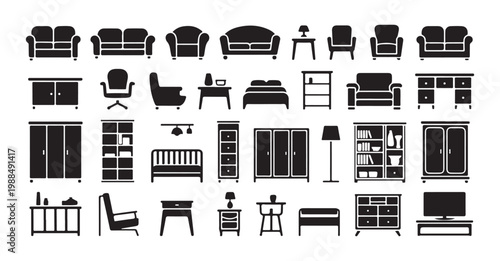 Comprehensive furniture silhouette collection featuring household items and storage solutions for home architecture.