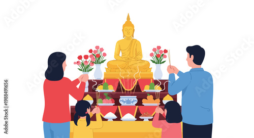 Family Celebrating Vesak Day with Buddha Offering