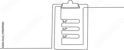 Continuous single line drawing of clipboard with checklist representing task management and productivity concept