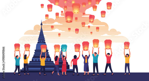Lantern Festival with Temple Illustration Flat Vector