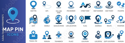Map Pin Icon Set Vector Illustration, Solid Icons Collection Including Location, Map Marker, Address, Position, Tracking, Geolocation, and Place Symbols for Navigation Design