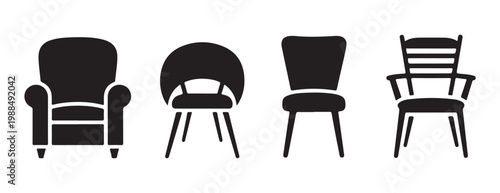 Four distinct chair silhouettes on a white background, showcasing various designs.