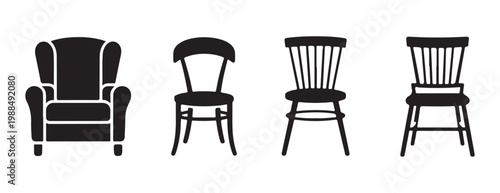 Collection of four solid black chair icons on white background, different styles.