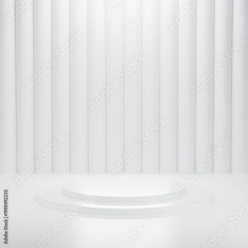 Schilderij op canvas 3D white two-tier round cylinder podium for premium product display, featuring minimalist vertical stripe wall texture and circular backdrop in a clean studio
