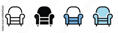 Armchair icon set line art solid silhouette and colored versions simple design.