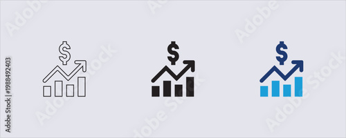 A financial growth icon, business and finance, Represents revenue, income, increase, or monetary growth, a bar chart with an upward trending, presentations, reports, websites, performance, investment.