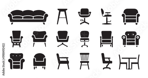 Comprehensive collection of furniture silhouettes including luxury armchairs long sofa ergonomic office seats tables.